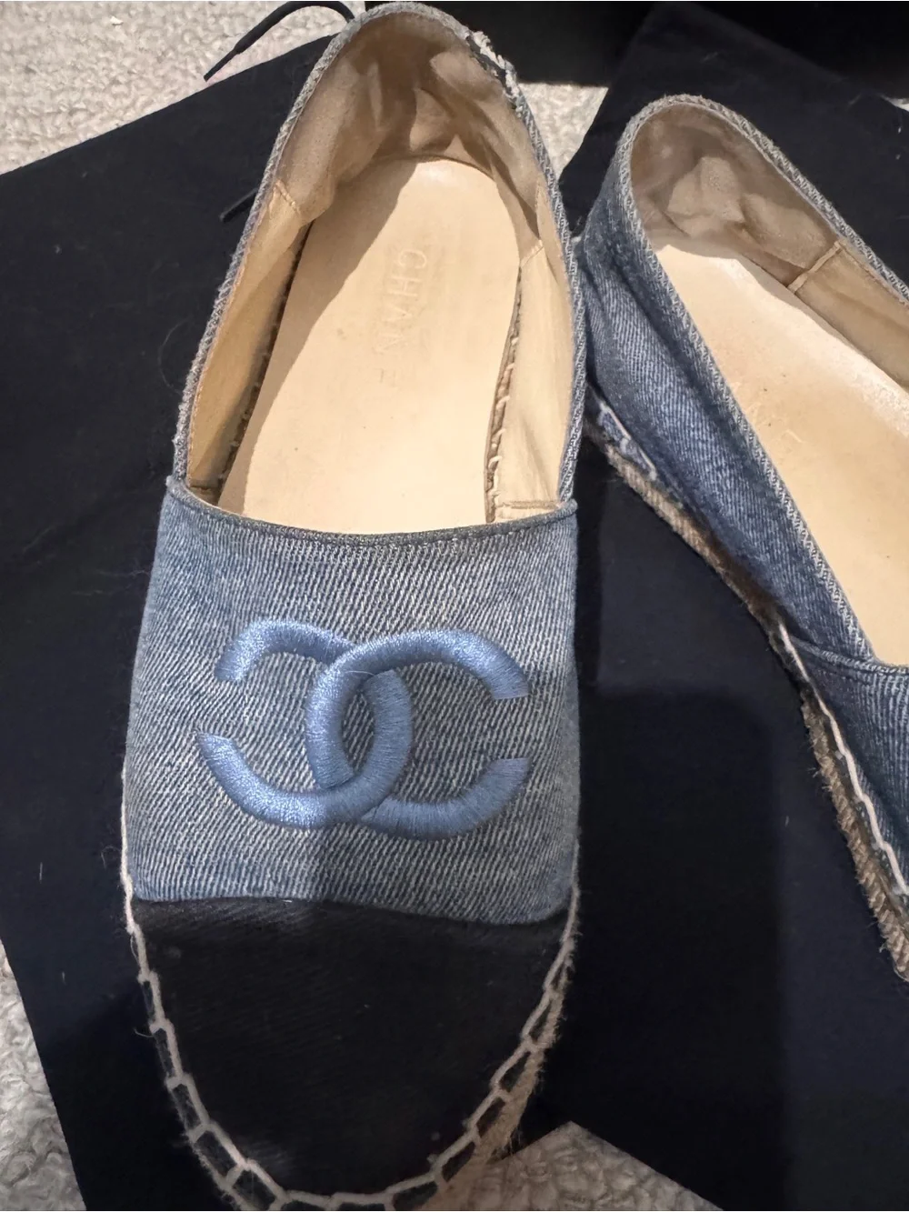 CHANEL Denim Espadrille Flats with Black Cap Toe and Blue CC Logo